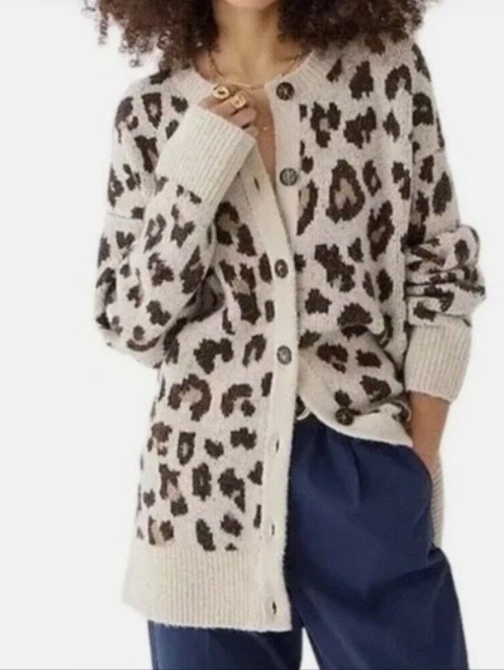 J. Crew Leopard Print Button-Front Cardigan in Cream and Brown